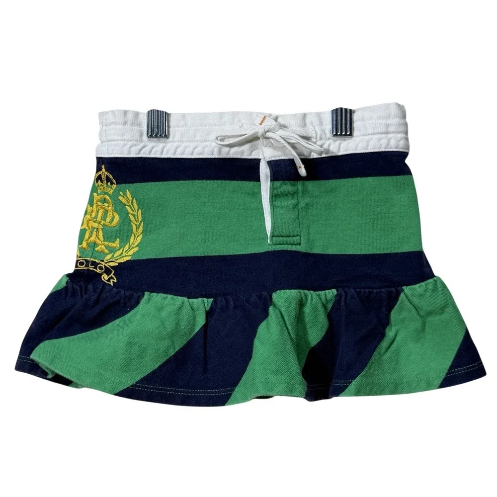 Ralph Lauren Girls Skort‎ 4T Green Blue Stripe Polo Crest Skirt Shorts Rugby
